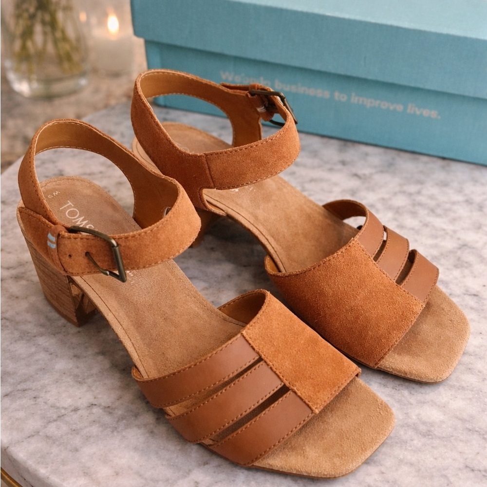 Tommy Hilfiger Cognac Suede Block Heel Sandals - Picture 2 of 4